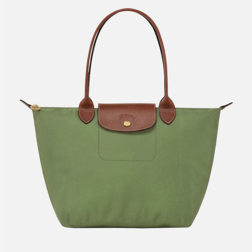 Longchamp Lichen Green Nylon Tote with Brown Accents